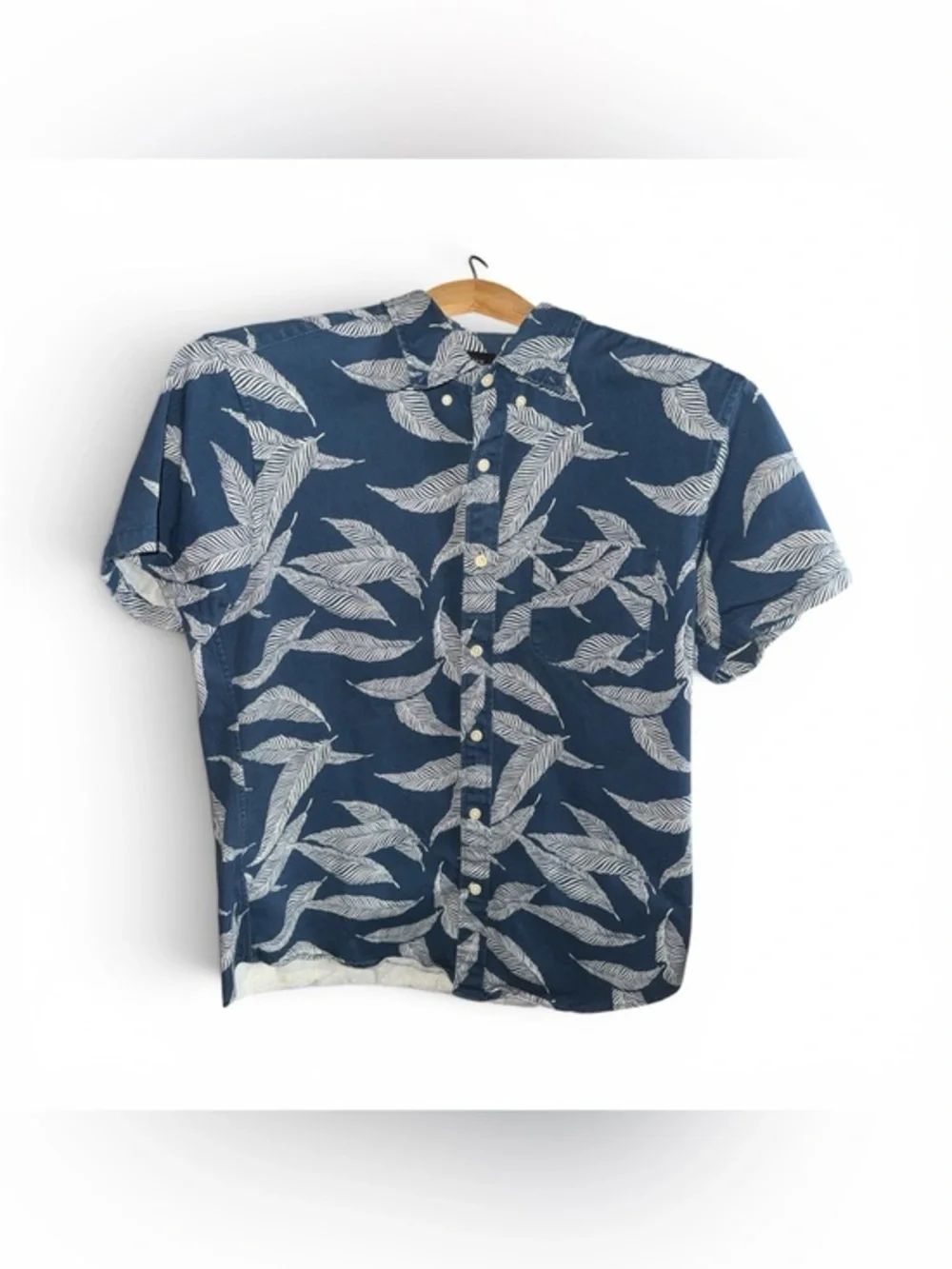 J. Crew Navy Button-Down Cotton Shirt with White Leaf Print Mens Size Medium